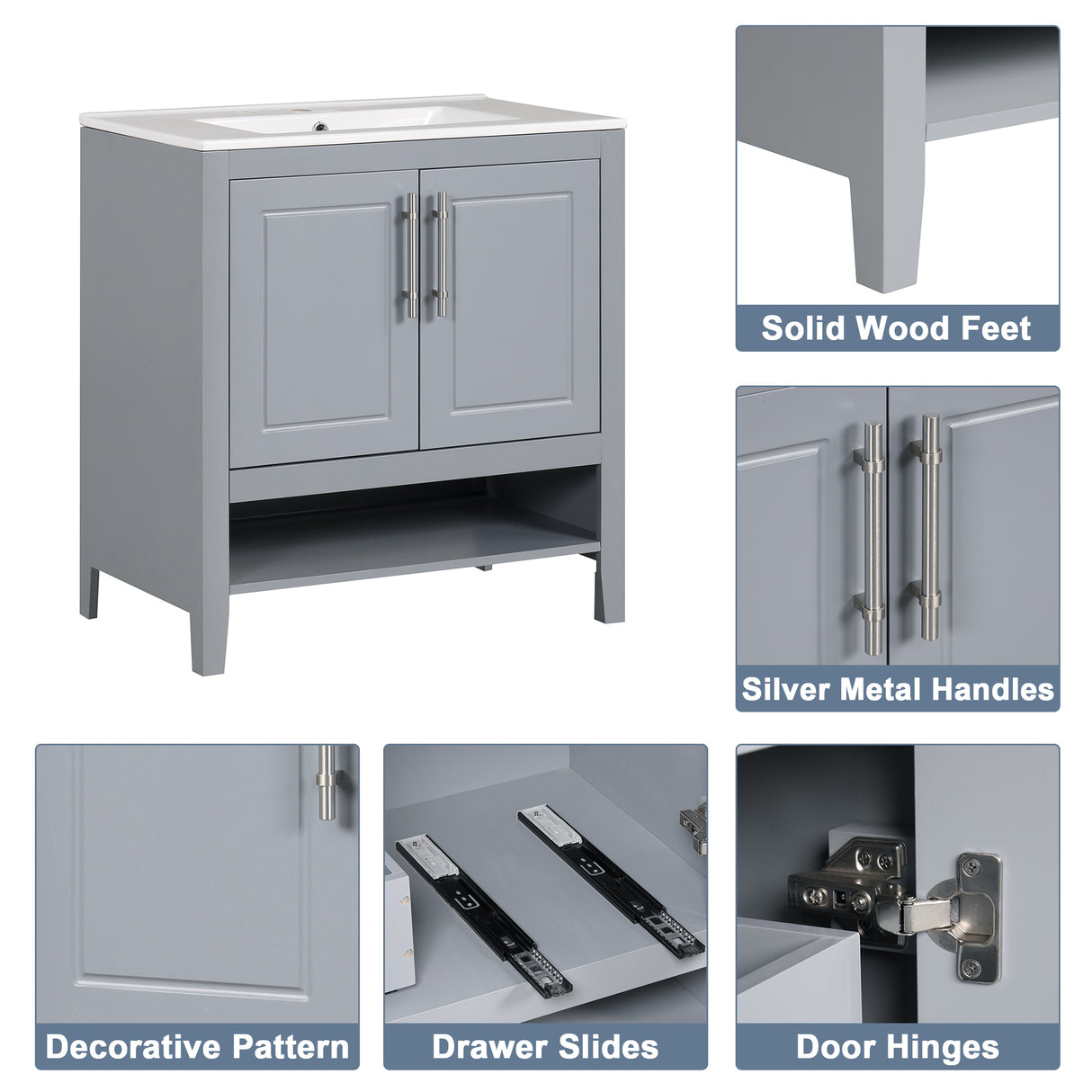 30" Bathroom Vanity with Sink, Multi-functional Bathroom Cabinet with Doors and Drawers, Solid Frame and MDF Board, Grey - V.I.P Digital Presence