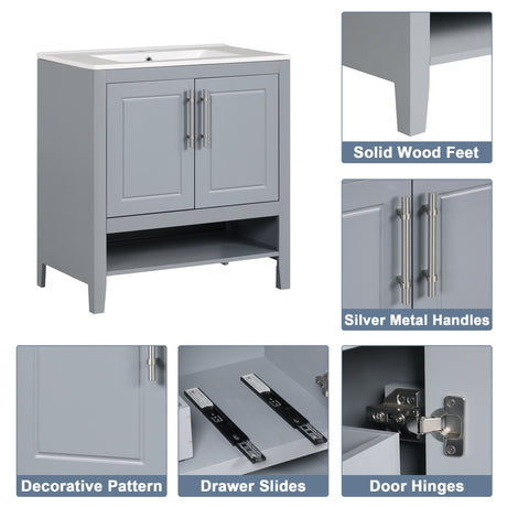 30" Bathroom Vanity with Sink, Multi-functional Bathroom Cabinet with Doors and Drawers, Solid Frame and MDF Board, Grey - V.I.P Digital Presence