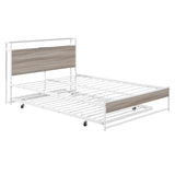 Full Size Metal Platform Bed Frame with Trundle, USB Ports and Slat Support No Box Spring Needed White - V.I.P Digital Presence