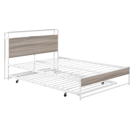 Full Size Metal Platform Bed Frame with Trundle, USB Ports and Slat Support No Box Spring Needed White - V.I.P Digital Presence