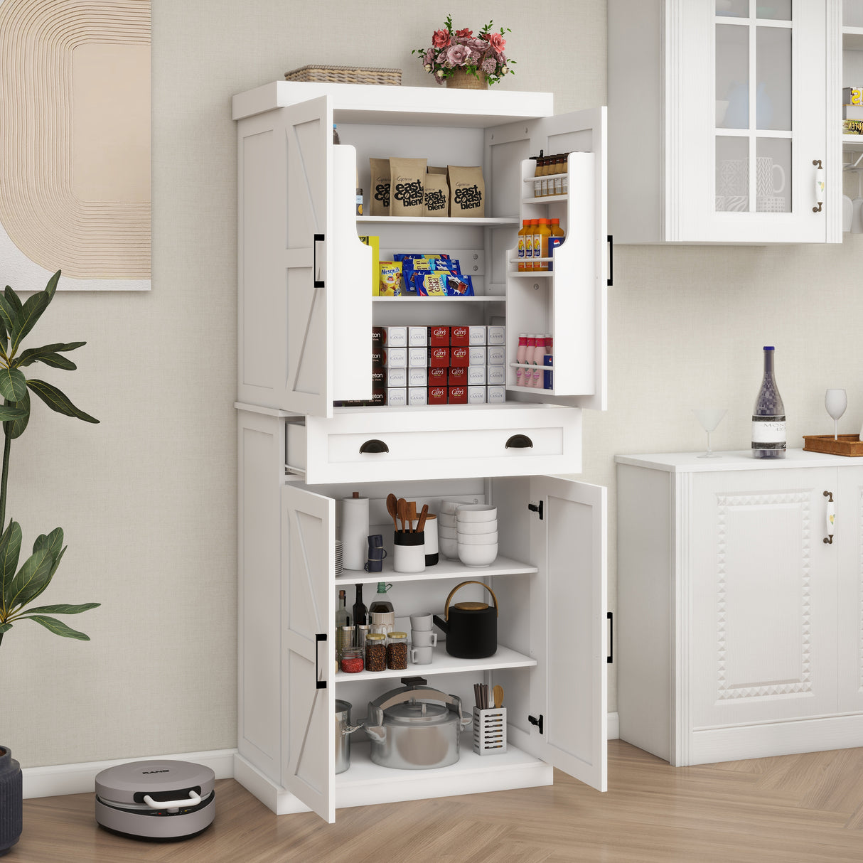 71" Kitchen Pantry Storage Cabinet with 4 Doors(2Doors with Racks)1 Drawer 2 Adjustable Shelves Freestanding Cupboard - V.I.P Digital Presence