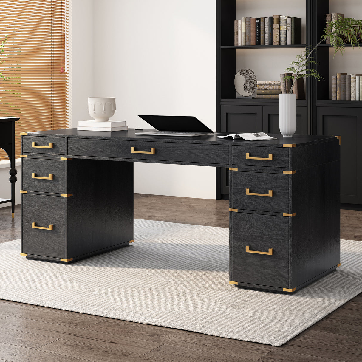 70 inch classic and traditional executive desk with metal trim, writing desk with 2 file drawers, USB ports, and sockets, black - V.I.P Digital Presence