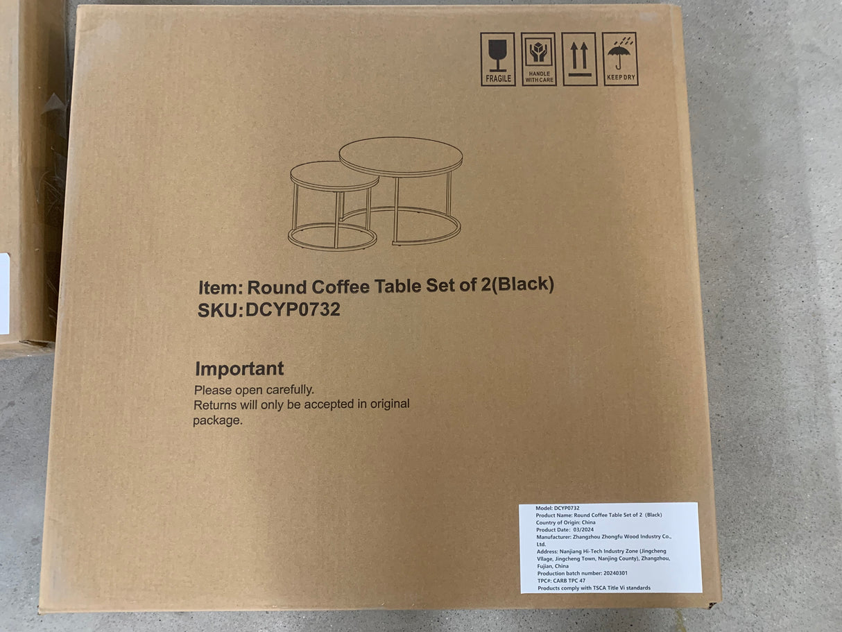 A set of nested coffee tables, 27.6-inch round coffee table, wooden marble patterned tabletop, sturdy metal frame (black) - V.I.P Digital Presence