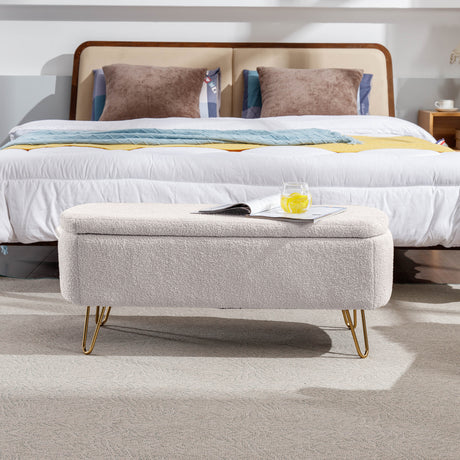 Ivory White Storage Ottoman Bench for End of Bed Gold Legs - V.I.P Digital Presence