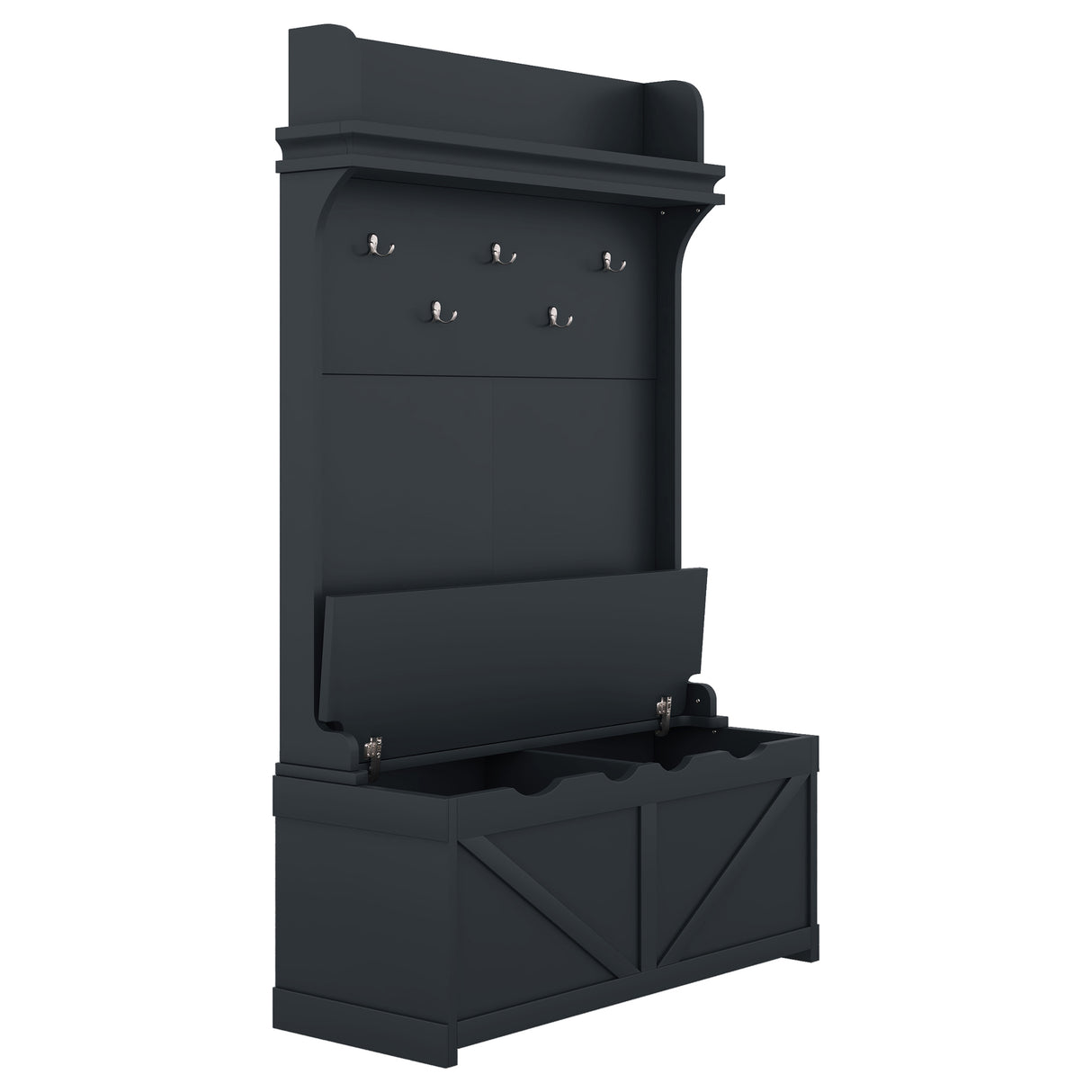 Hall tree with storage desk, entrance desk with drawers and 5 hooks, display rack, dark blue - V.I.P Digital Presence