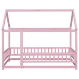 Twin Size Floor Wooden Bed with House Roof Frame, Fence Guardrails,Pink - V.I.P Digital Presence