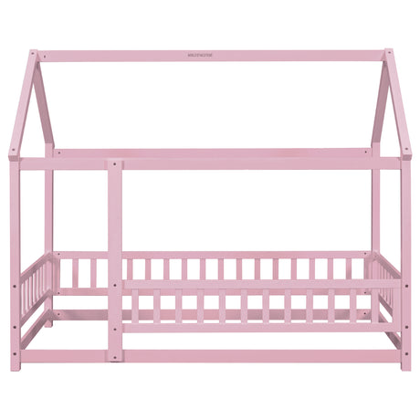 Twin Size Floor Wooden Bed with House Roof Frame, Fence Guardrails,Pink - V.I.P Digital Presence