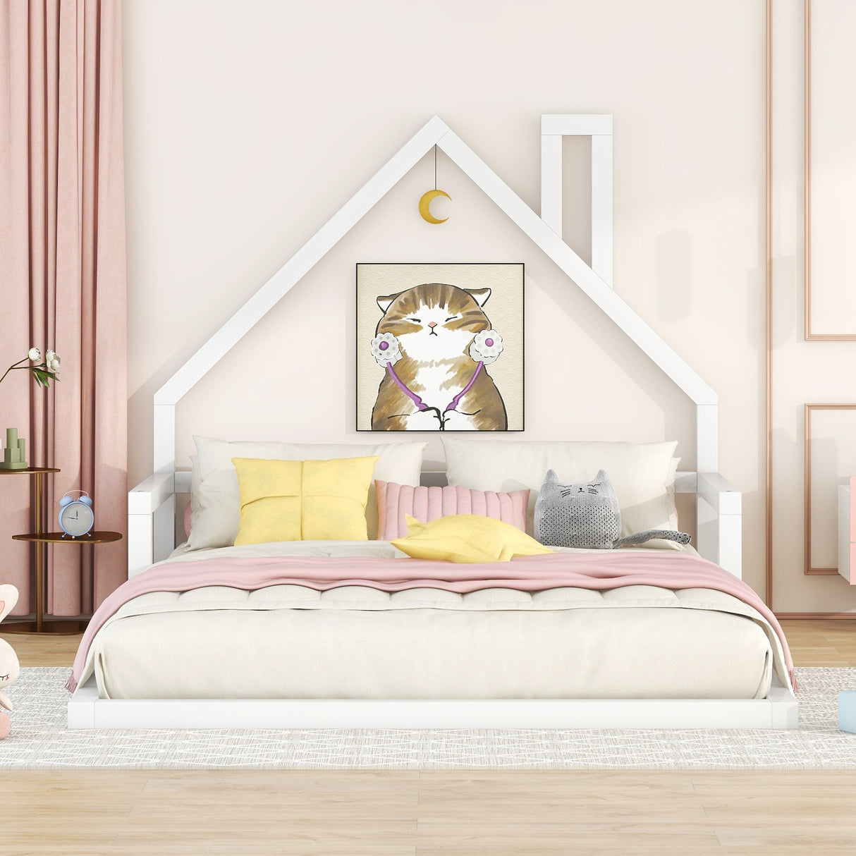 Full Size Wood Floor Bed with House-shaped Headboard  White