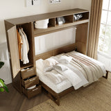 Full Size Murphy Bed with Wardrobe, Drawers and Open Shelves, Antique Grey - V.I.P Digital Presence