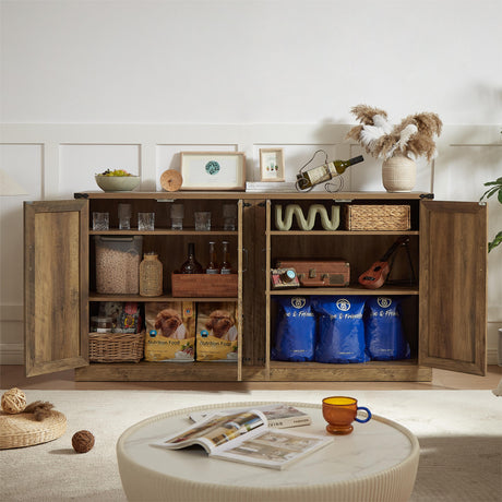 65-Inch Rustic Oak Color Faux Rattan Sideboard, Barn Door Rustic Style Sideboard, Living Room, Entryway, Bedroom - V.I.P Digital Presence