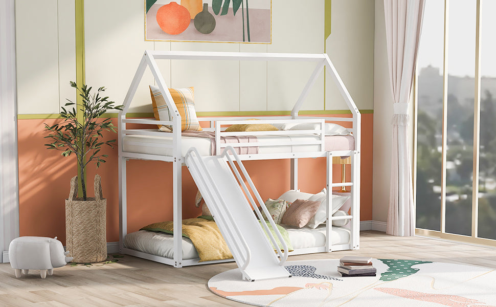 Twin over Twin House Bunk Bed with Ladder and Slide,White - V.I.P Digital Presence
