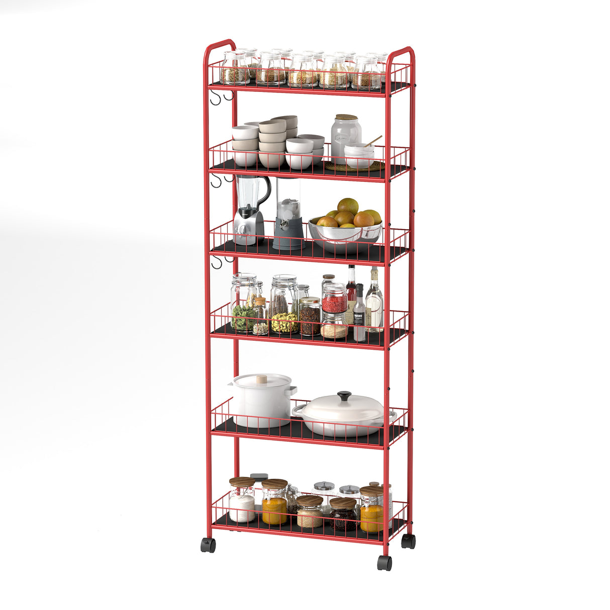 Red 6-story ultra-thin rolling storage cart, mobile shelves with wheels, metal wire storage rack with baskets - V.I.P Digital Presence