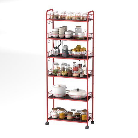 Red 6-story ultra-thin rolling storage cart, mobile shelves with wheels, metal wire storage rack with baskets - V.I.P Digital Presence