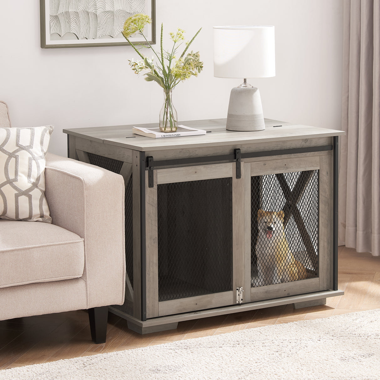 Farmhouse Dog Cage Crate Furniture with Sliding Barn Door, Farmhouse Wooden Dog Kennel End Table with Flip-top Plate Dog House - V.I.P Digital Presence