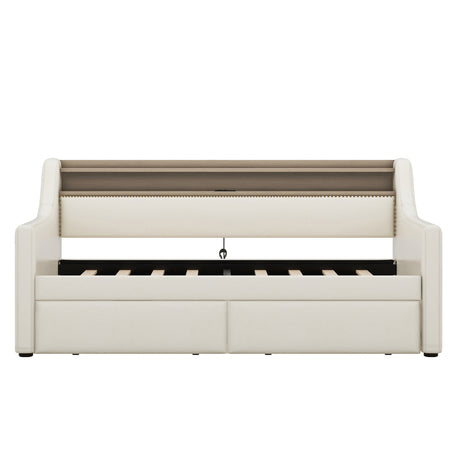 Twin Size Daybed with Storage Drawers, Upholstered Daybed with Charging Station and LED Lights, Beige - V.I.P Digital Presence