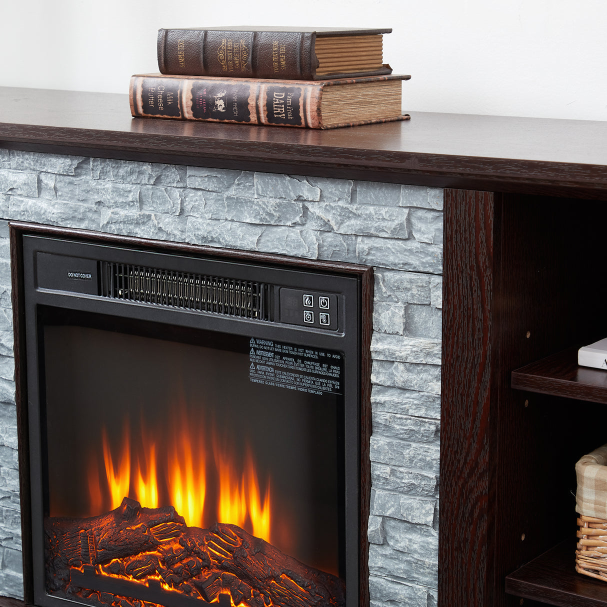 18 inch cherry colored fireplace with open entertainment console space, 58.31 inches wide, 15.39 inches deep, and 26.06 inches h - V.I.P Digital Presence