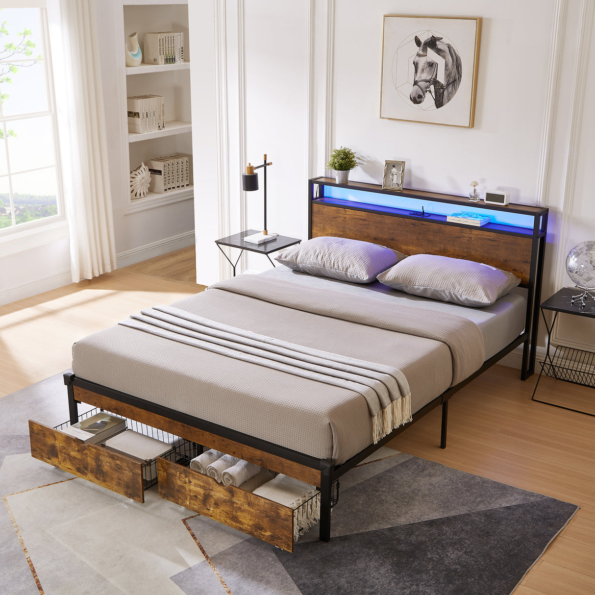 Large metal bed frame with wooden headboard and USB foot pedal, charging station, 2 drawers, LED lights, no need for box spring - V.I.P Digital Presence