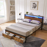 Large metal bed frame with wooden headboard and USB foot pedal, charging station, 2 drawers, LED lights, no need for box spring - V.I.P Digital Presence