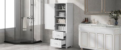 Tall bathroom storage cabinet with two drawers and adjustable shelves for independent storage - V.I.P Digital Presence