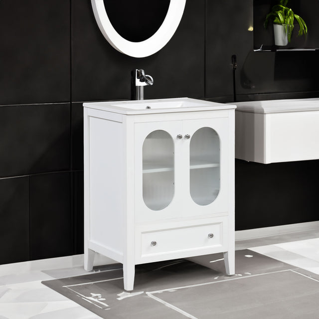 24" Bathroom Vanity with Sink, Bathroom Vanity Cabinet with One Drawer and Doors, Adjustable Shelf, Solid Wood and MDF, White - V.I.P Digital Presence