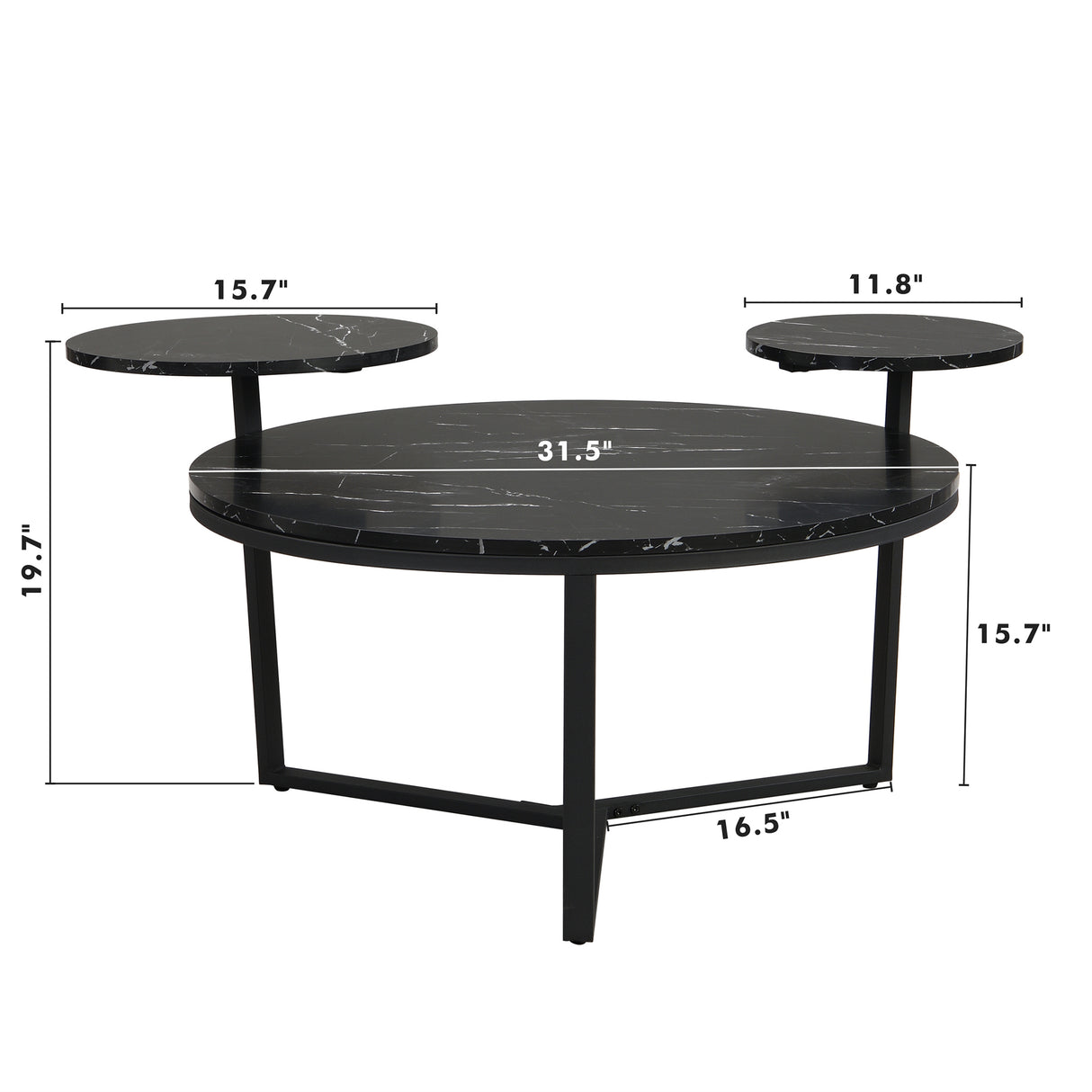Modern coffee table with two display shelves, Black Faux marble surfaces, Tripod-inspired base,Rounded tabletop edges - V.I.P Digital Presence