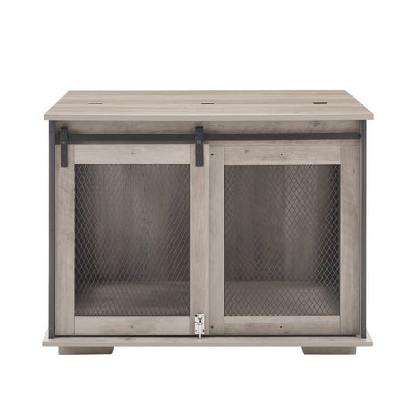 Farmhouse Dog Cage Crate Furniture with Sliding Barn Door, Farmhouse Wooden Dog Kennel End Table with Flip-top Plate Dog House - V.I.P Digital Presence