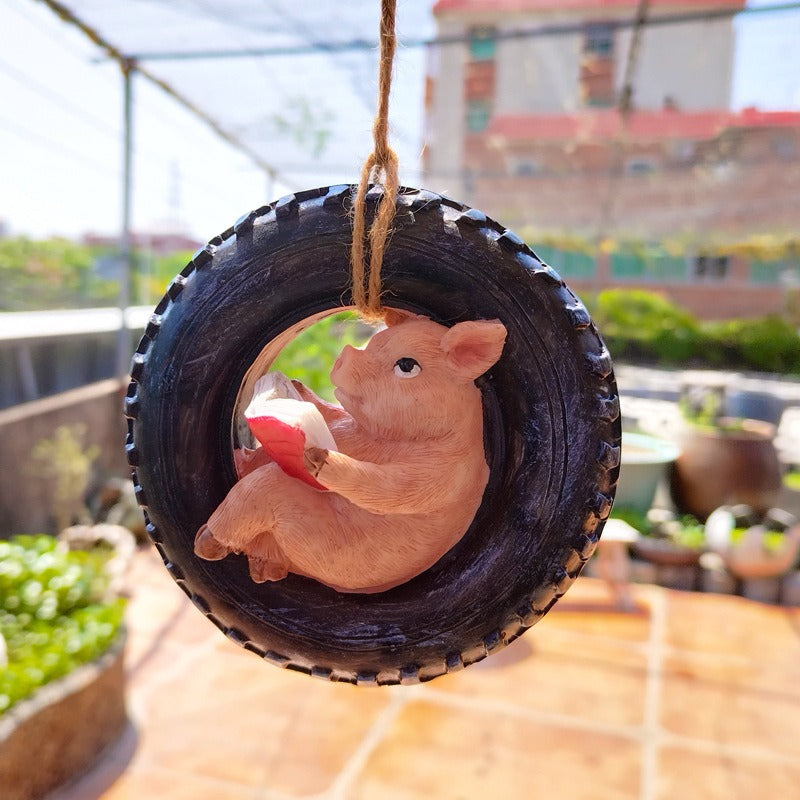 Cute Piggy Reading Tire Courtyard Garden Outdoor Hanger - V.I.P Digital Presence