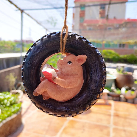 Cute Piggy Reading Tire Courtyard Garden Outdoor Hanger - V.I.P Digital Presence