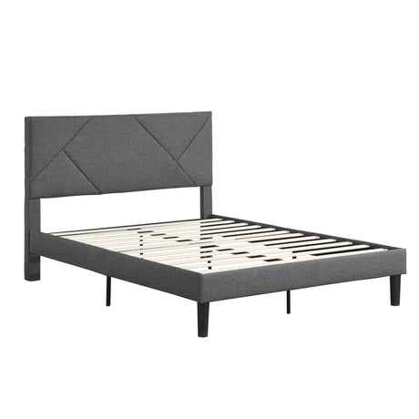 Queen Size Upholstered Platform Bed Frame Wood Slat Support Grey - V.I.P Digital Presence