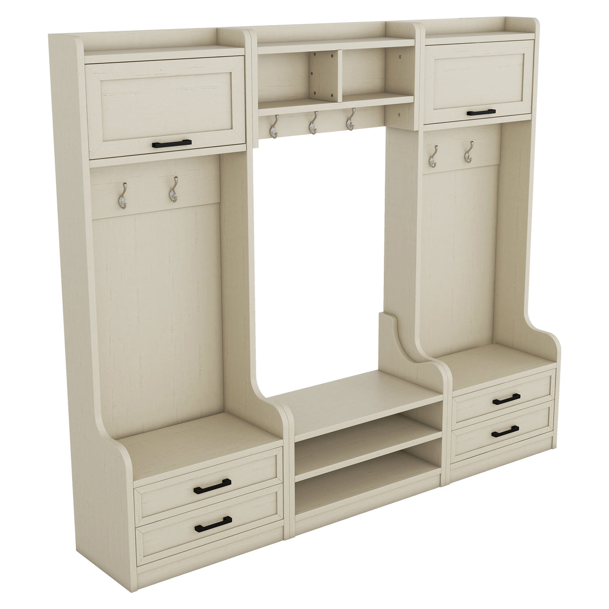 Four in one detachable hall tree with drawers and cabinets, 7 hooks, multifunctional corridor hangers, antique beige shoe stools - V.I.P Digital Presence