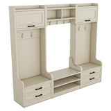 Four in one detachable hall tree with drawers and cabinets, 7 hooks, multifunctional corridor hangers, antique beige shoe stools - V.I.P Digital Presence