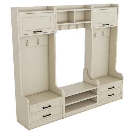 Four in one detachable hall tree with drawers and cabinets, 7 hooks, multifunctional corridor hangers, antique beige shoe stools - V.I.P Digital Presence
