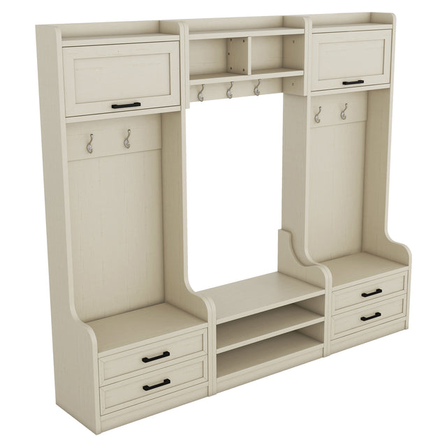 Four in one detachable hall tree with drawers and cabinets, 7 hooks, multifunctional corridor hangers, antique beige shoe stools - V.I.P Digital Presence