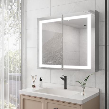 36 x 30 inch Medicine Cabinet with LED Vanity Mirror Anti-Fog  Recessed or Surface Mount Waterproof DimmableAluminum 3000K~6000K Lighted Double Door Bathroom Cabinet with Touch Switch - V.I.P Digital Presence