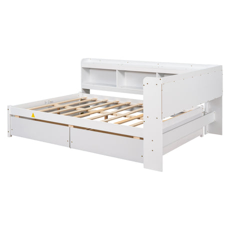 Full Bed with L-shaped Bookcases, Drawers ,White - V.I.P Digital Presence