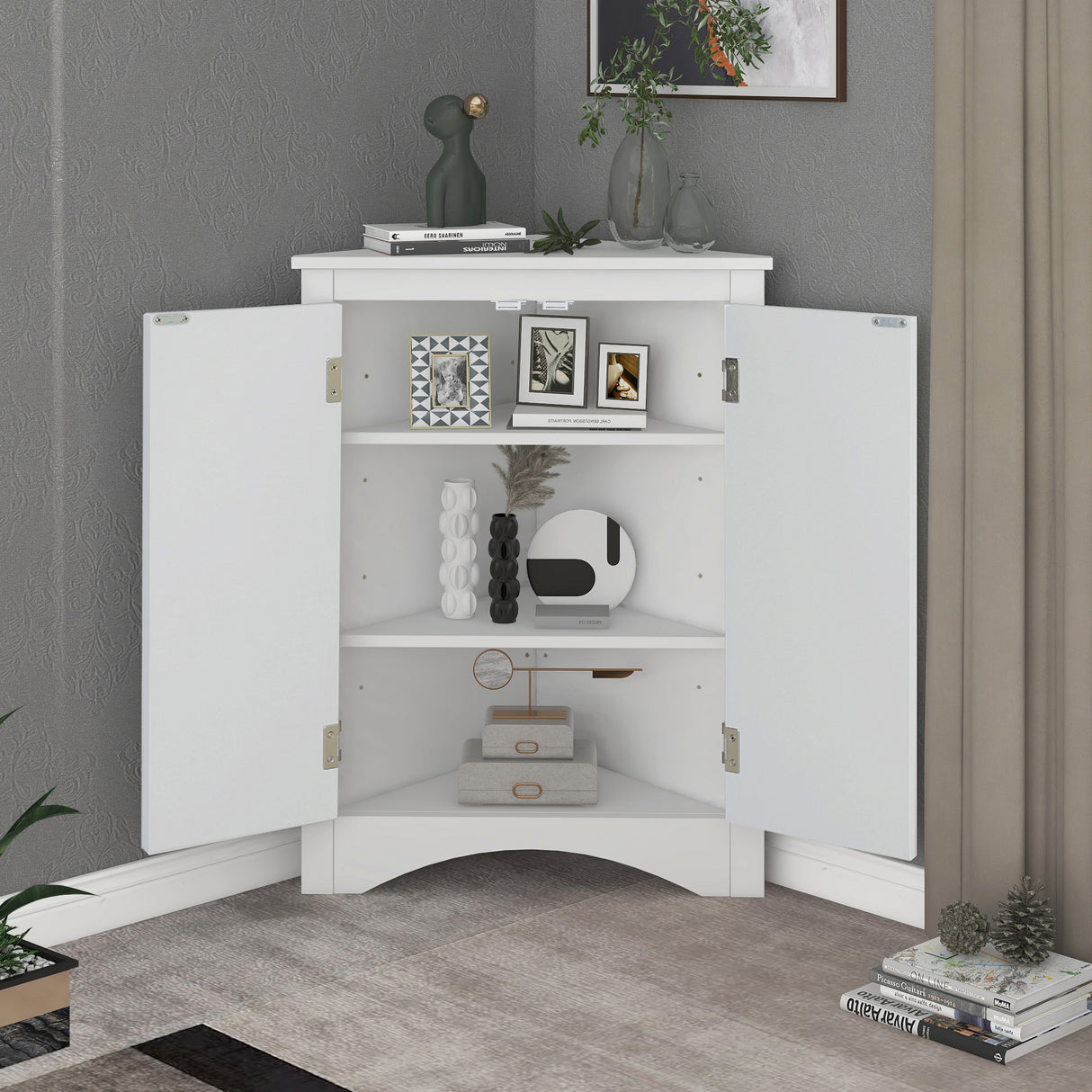 White Triangle Bathroom Storage Cabinet with Adjustable Shelves, Freestanding Floor Cabinet for Home Kitchen - V.I.P Digital Presence