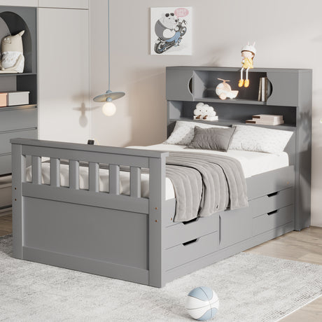 Twin Size Captain Platform Bed Frame with Storage Bookcases and Shelves,Four Drawers, Gray - V.I.P Digital Presence