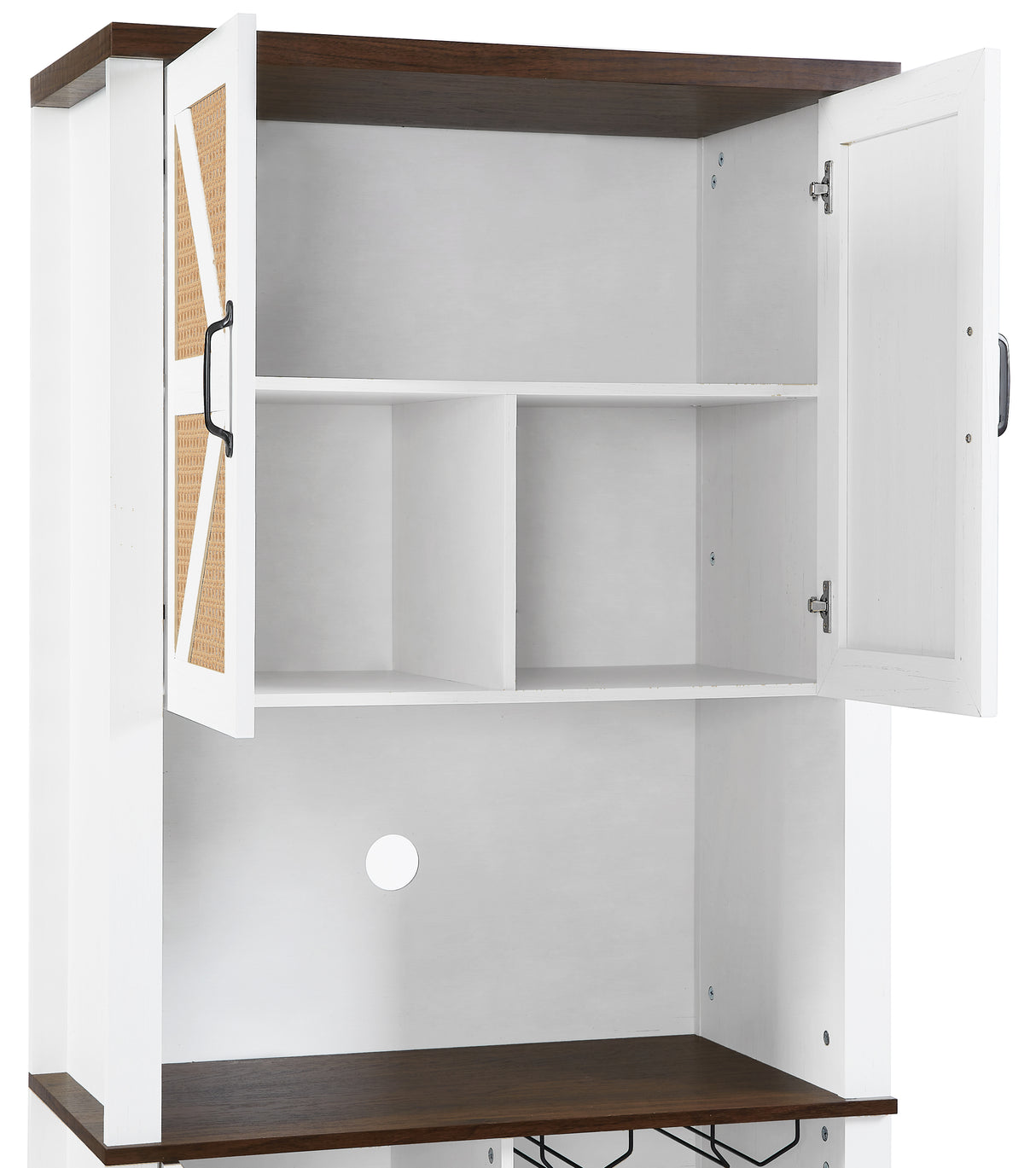 76 Inch Tall Farmhouse Kitchen Faux Rattan Wine Cabinet, Kitchen Bar Cabinet with Square Compartments and Shelves - V.I.P Digital Presence