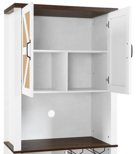 76 Inch Tall Farmhouse Kitchen Faux Rattan Wine Cabinet, Kitchen Bar Cabinet with Square Compartments and Shelves - V.I.P Digital Presence