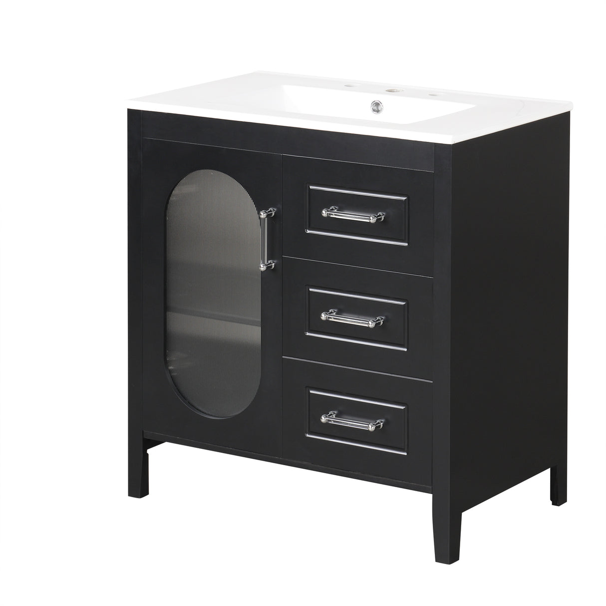 30" Bathroom Vanity with Sink, Bathroom Vanity Cabinet with Two Drawers and Door, Adjustable Shelf, Solid Wood and MDF, Black - V.I.P Digital Presence
