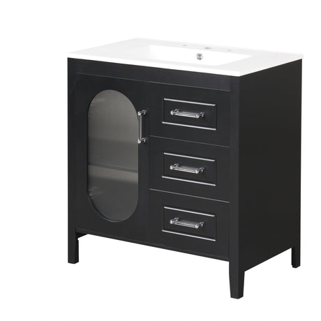 30" Bathroom Vanity with Sink, Bathroom Vanity Cabinet with Two Drawers and Door, Adjustable Shelf, Solid Wood and MDF, Black - V.I.P Digital Presence