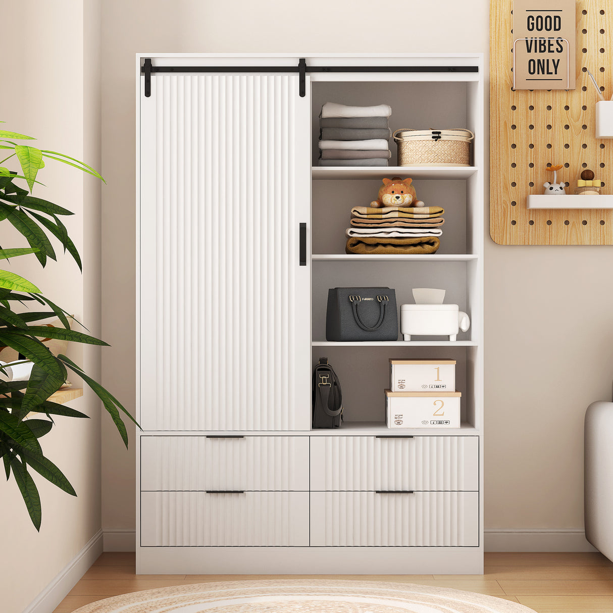 Tall Bedroom Armoire Wardrobe Closet Clothing Storage Cabinet with Hanging Rod Barn Door Drawers Open Shelves,White - V.I.P Digital Presence