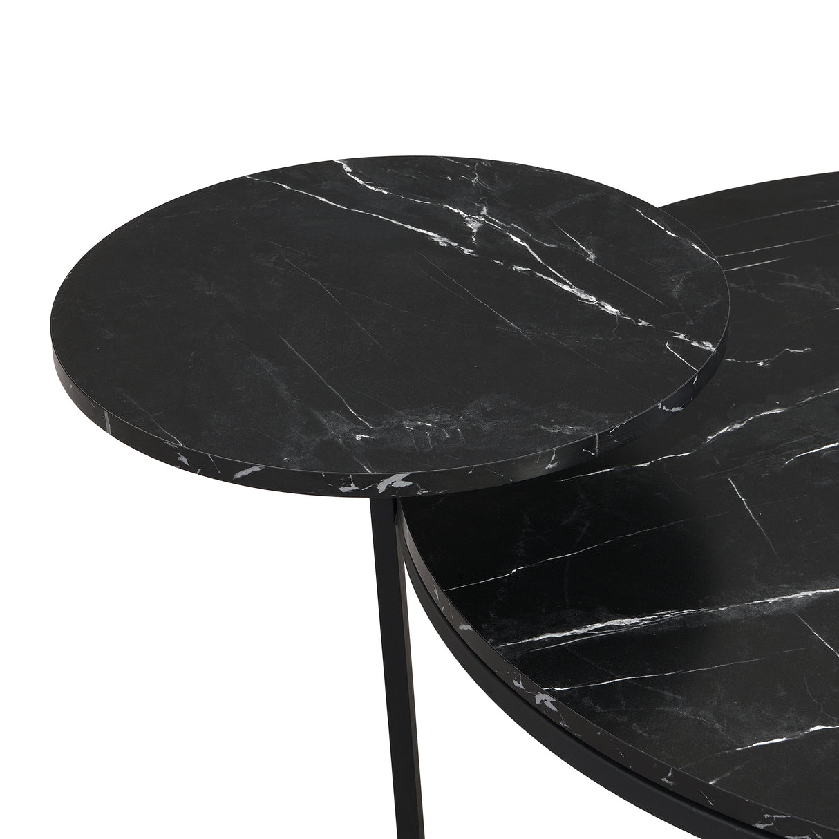 Modern coffee table with two display shelves, Black Faux marble surfaces, Tripod-inspired base,Rounded tabletop edges - V.I.P Digital Presence
