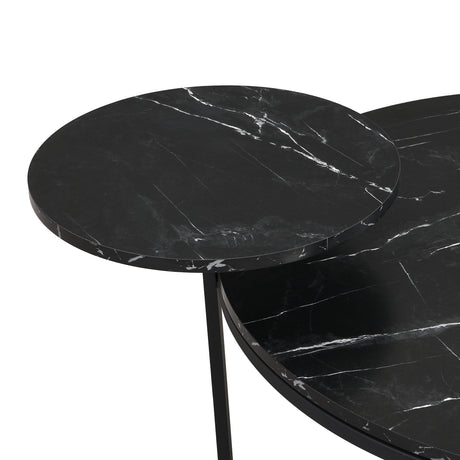 Modern coffee table with two display shelves, Black Faux marble surfaces, Tripod-inspired base,Rounded tabletop edges - V.I.P Digital Presence