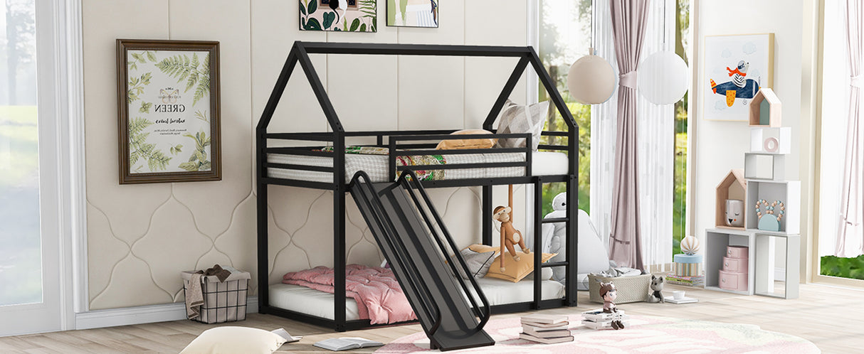 Twin over Twin House Bunk Bed with Ladder and Slide,Black - V.I.P Digital Presence