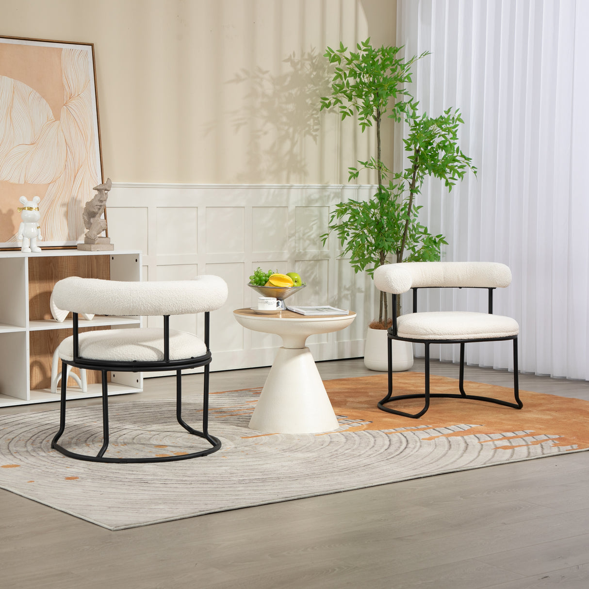 COOLCOOL Boucle dining chair set of two, medieval modern curved backrest chair, round cushion (beige Boucle) - V.I.P Digital Presence