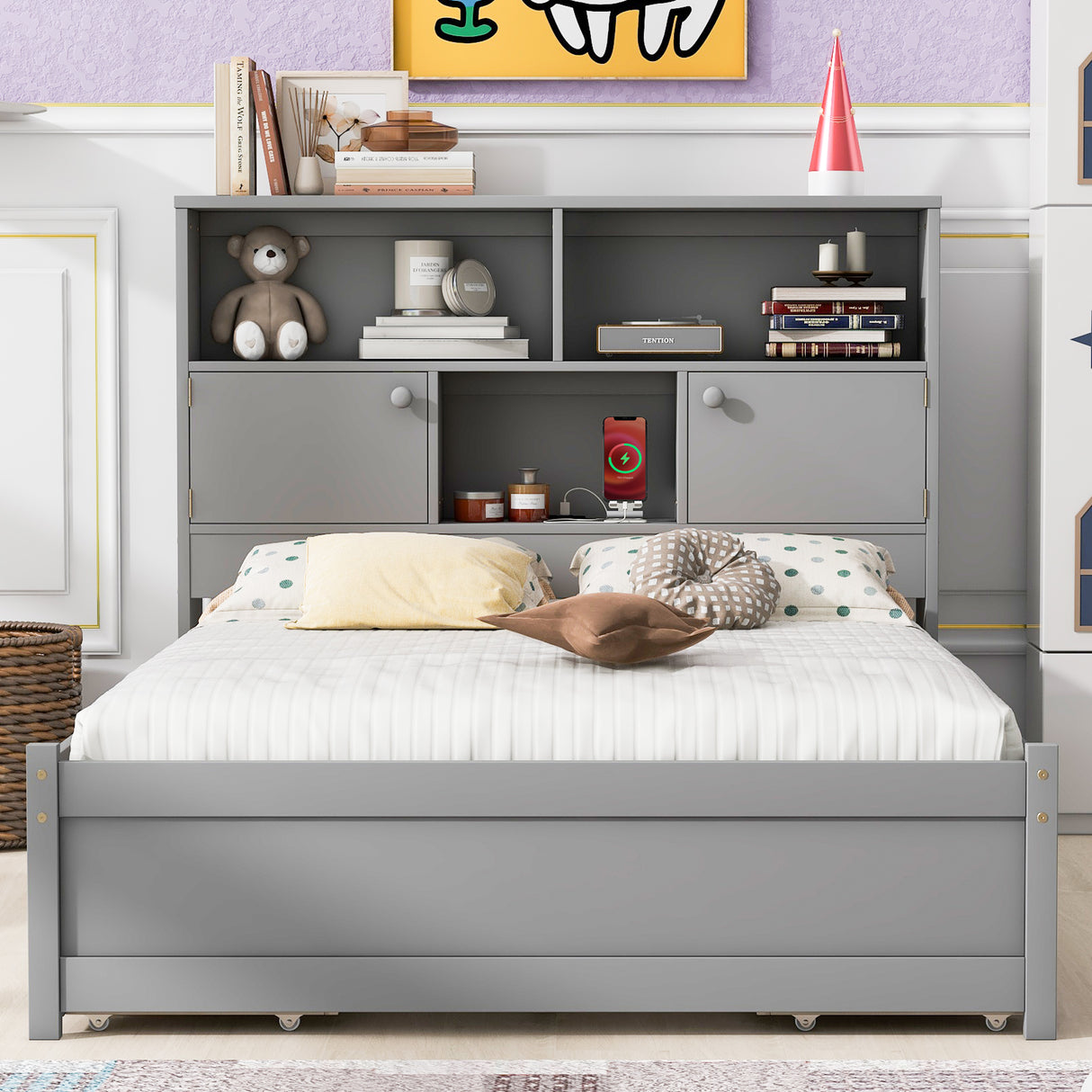 Full Size Platform Bed with Storage Headboard, Charging Station and 4 Drawers, Gray - V.I.P Digital Presence