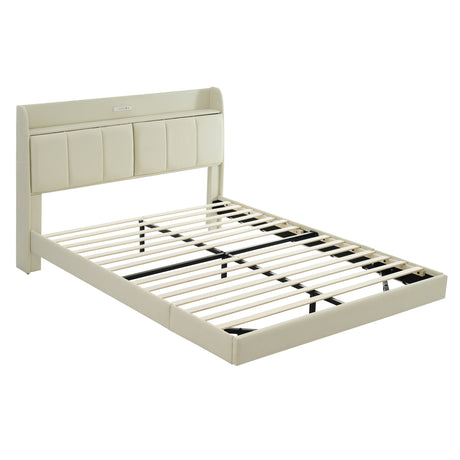 Large floating bed frame with storage headboard, touch sensor, night light and USB charger, padded platform bed, beige color - V.I.P Digital Presence