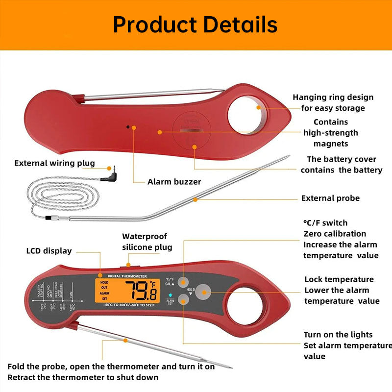 Foldable IP7 digital thermometer with dual probes: for cooking, BBQ, meat, grilling, food kitchen tools. - V.I.P Digital Presence