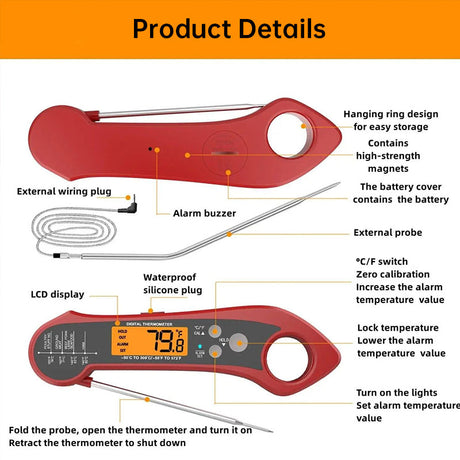 Foldable IP7 digital thermometer with dual probes: for cooking, BBQ, meat, grilling, food kitchen tools. - V.I.P Digital Presence